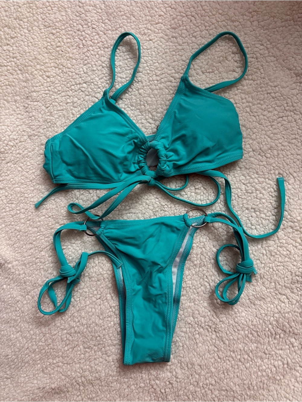 Teal Ring-Detail String Bikini Set